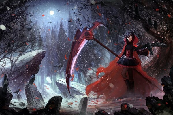 Anime girl in Gothic clothes with a scythe and a raven in her hand