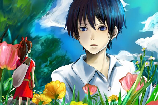 Anime, ein Zwergmädchen und ein Typ in Blumen, unter klarem Himmel