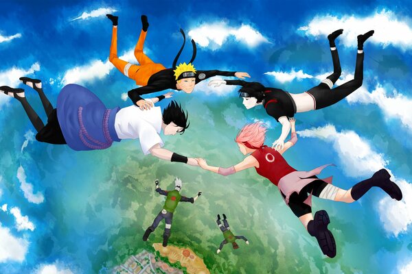 Arte anime volando por el cielo en las nubes