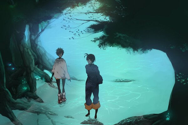 Anime-style art. A guy and a girl in the forest