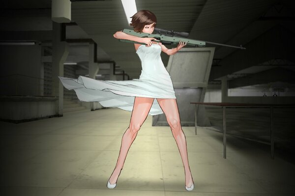 Sniper girl in a white dress
