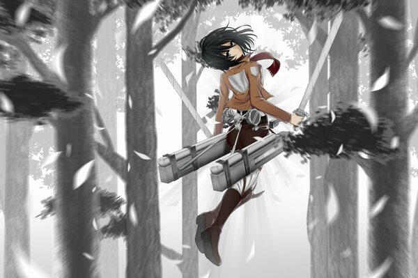 Anime girl with a sword among the trees