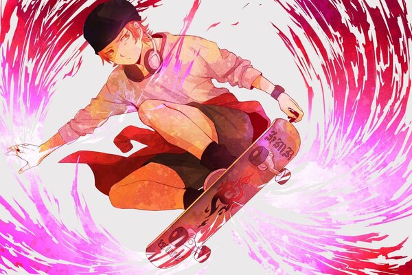 Anime, ein Mann auf einem Skateboard, mit Kopfhörern