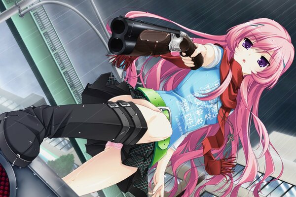 Chica de anime con el pelo rosa y pistola