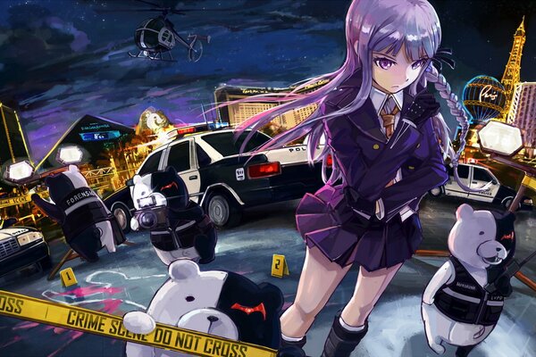 Figura de anime con chica, coche de policía y osos