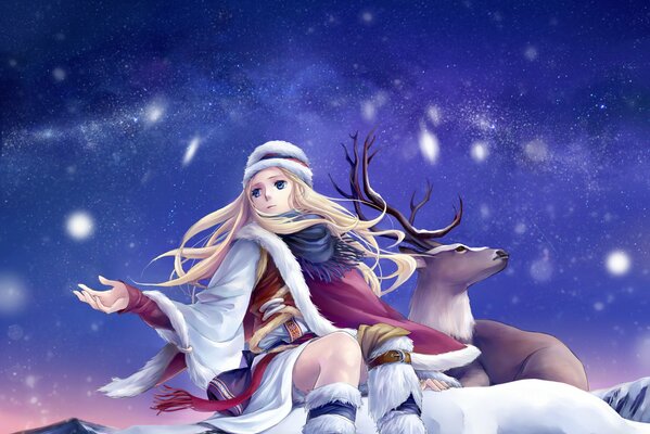 A girl on a deer rides under a winter sky