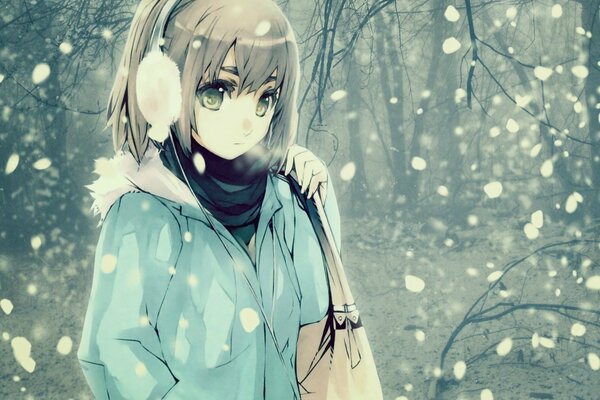 Anime girl in the cold winter