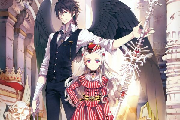 A guy with black wings protecting a girl