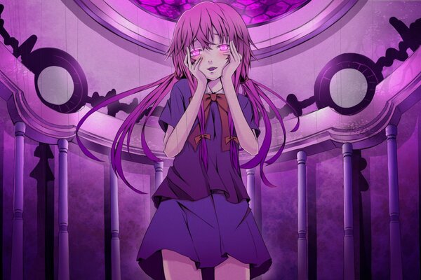 Изображение девушки аниме на фиолетовом фоне