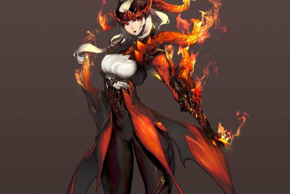 A girl in a fiery costume and a helmet with horns