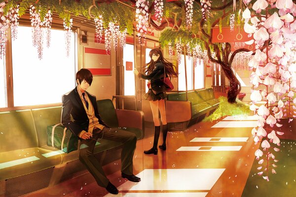Anime couple d écoliers dans une voiture de métro