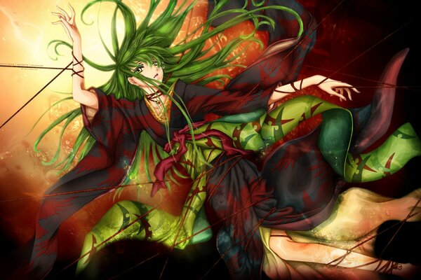 Art girls anime kimono witch with green hair