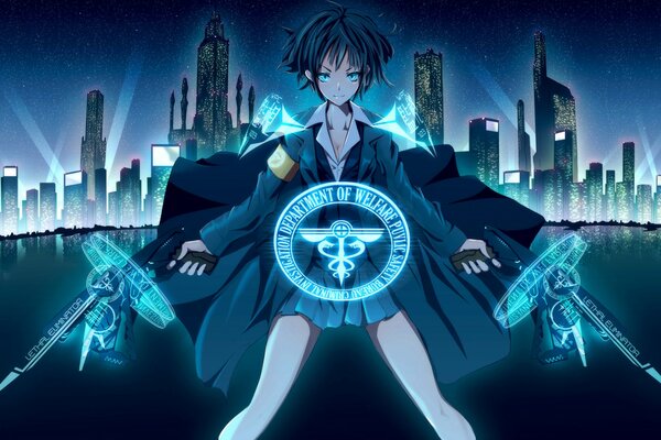 Anime girl with pistols on the background of a night city