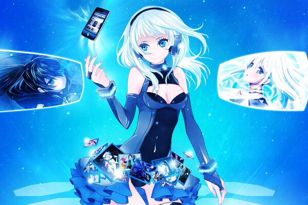 Anime girl with iPhone in headphones on a blue background