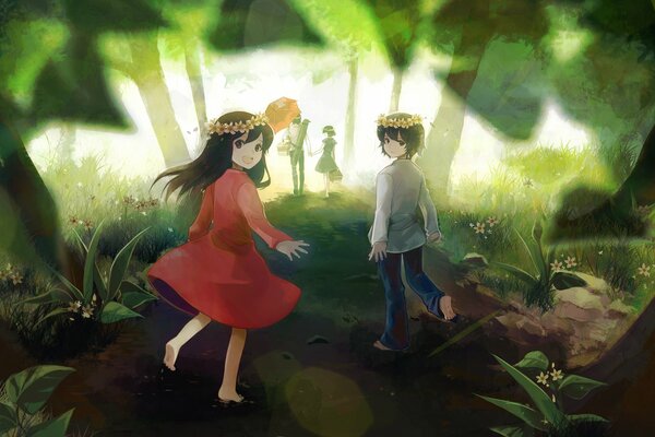 Anime wilcze dzieci w lesie