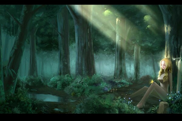 Anime art of a girl with a butterfly in the forest