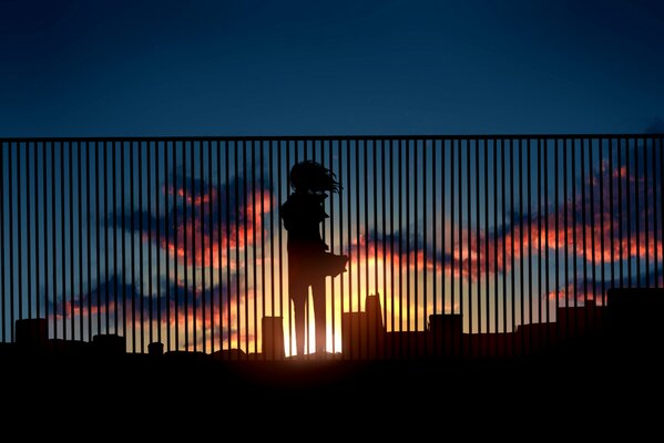 Fille à la clôture au coucher du soleil anime image