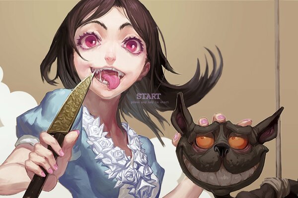 Mad Alice in Wonderland with a cat and a knife