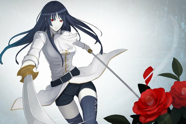 Anime girl with a sword and roses