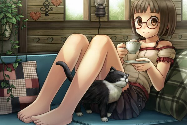 A girl and a cat with a mug of tea