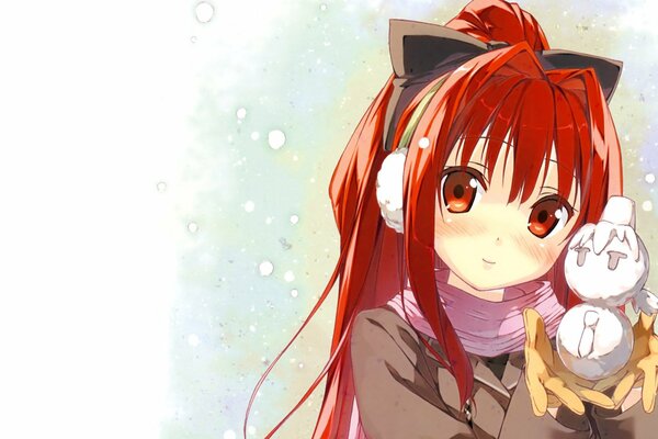 Anime ragazza inverno con pupazzo di neve