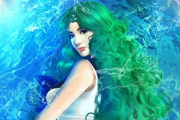 Fille aux cheveux verts sur fond d eau bleue