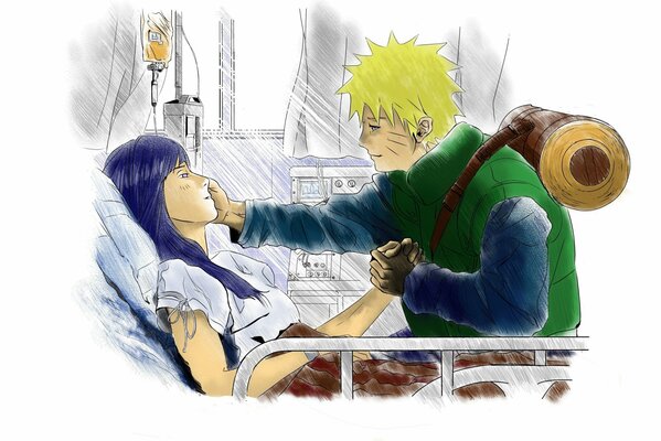 Image of Naruto in the hospital with a lying girl and a guy sitting next to him