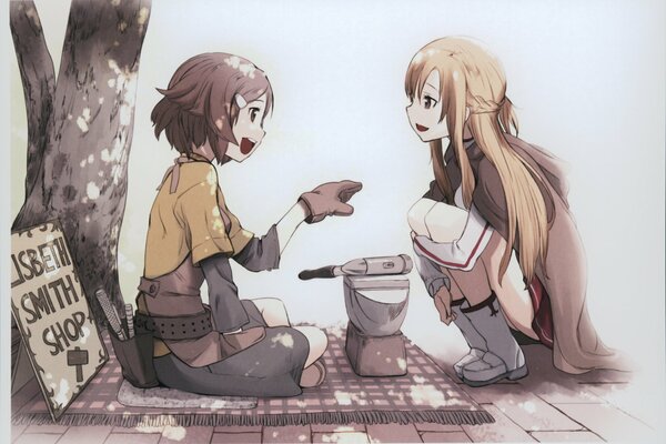 Anime sword art. Asuna and Lisbeth are talking