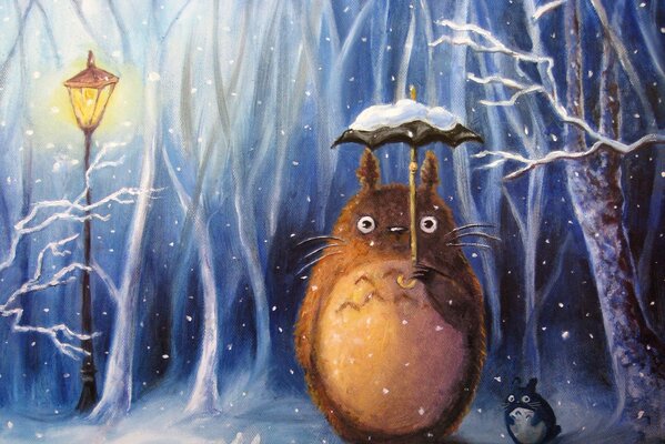 Chibi-Totoro se tient sous un parapluie dans les chutes de neige