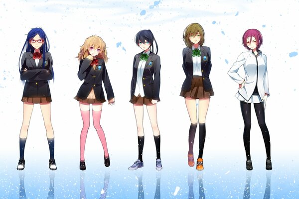 Anime Dziewczyny w szkolnym mundurku na jasnym tle