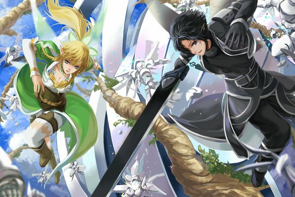 Der Kerl und das Mädchen kämpfen mit den Feinden von kirito leafa