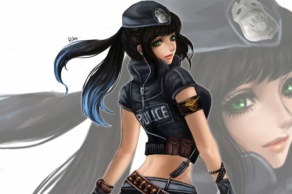 Анимешная девушка в форме полиции и наушниках