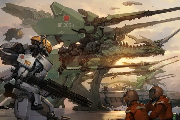 Image of a dragon and robots with weapons