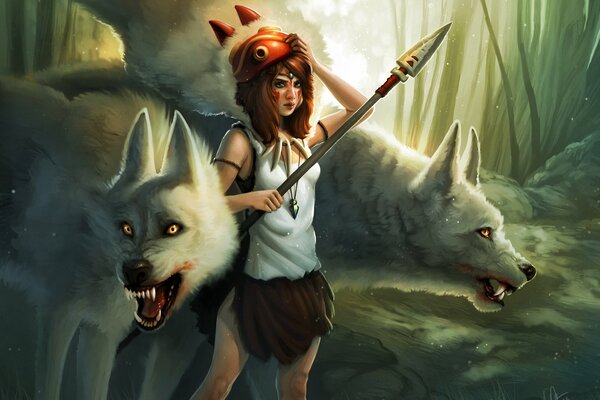 Art of Princess Mononoke with wolves in the forest