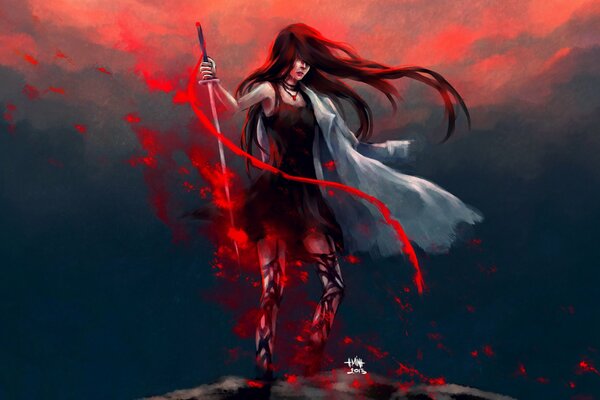 A girl with a sword in a cloak covered in blood