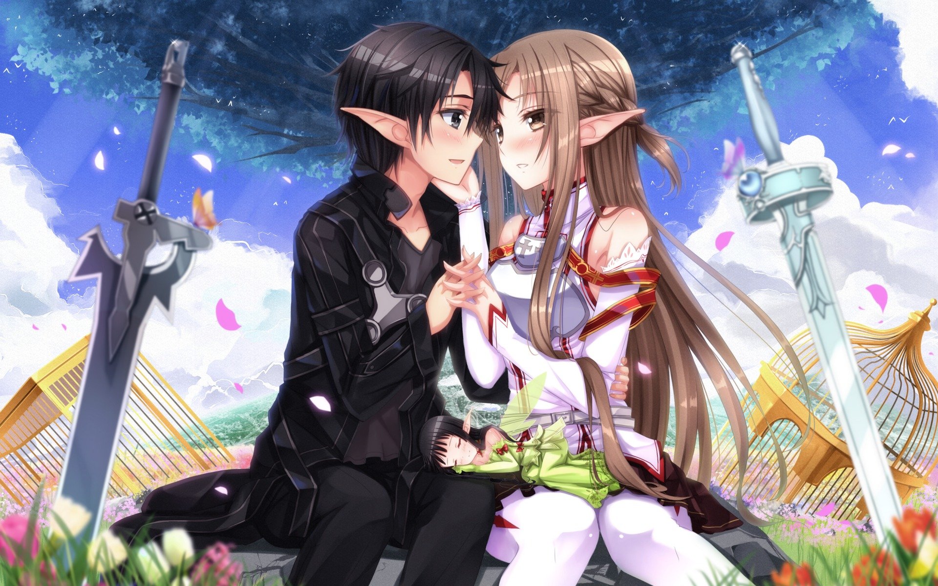 schwert der kunst online yuki asuna kirito kirugaya kazuto erröten waffen blumen geschlossene augen wolken schwert blütenblätter scharfe ohren zopf schmetterling leichtes lächeln schläft elf käfig