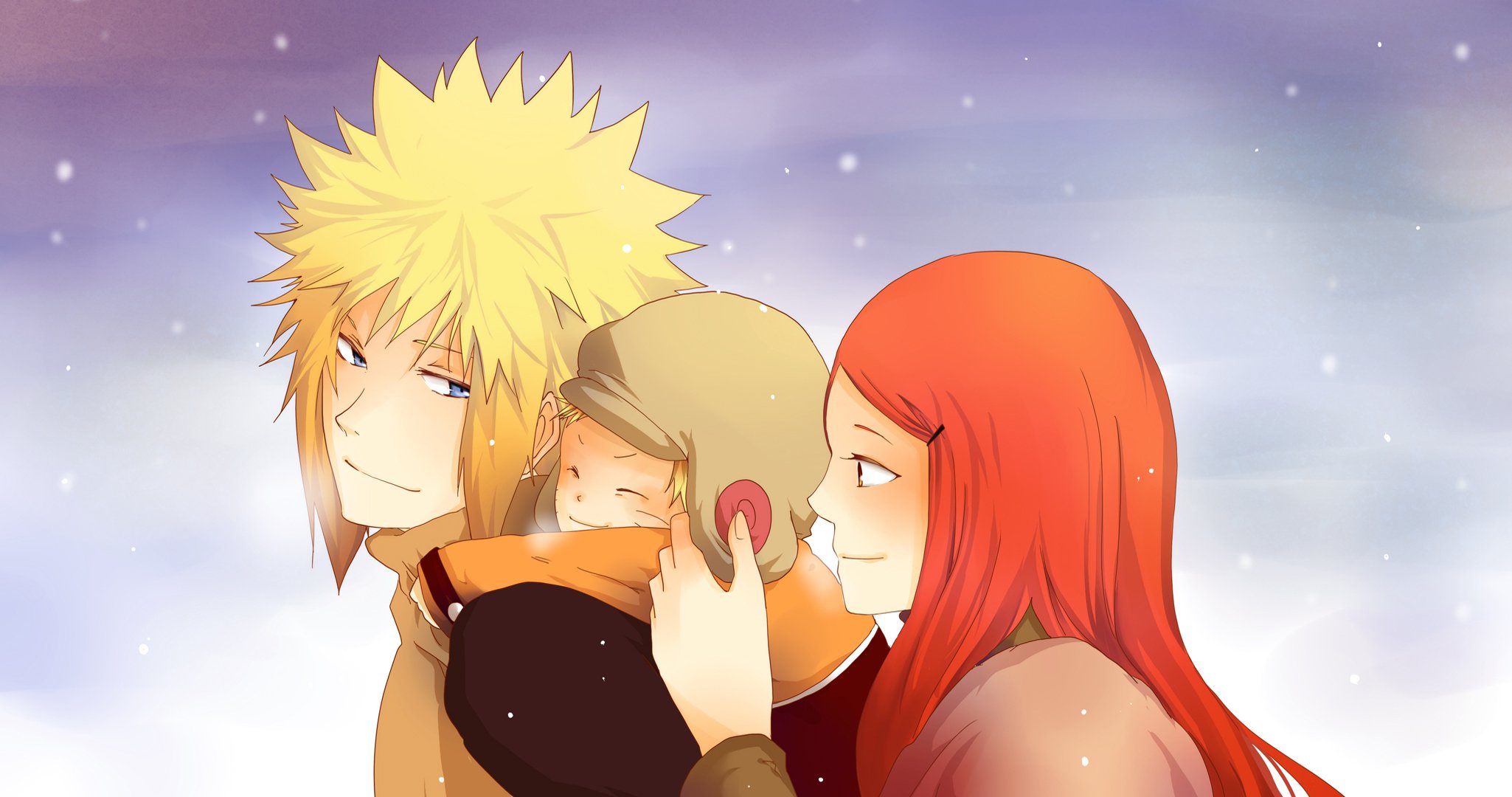 anime naruto uzumaki naruto uzumaki kushina namikaze minato uzumaki kushina namikaze minato shchastye familia mamá papá hijo nieve invierno ojos vista cielo