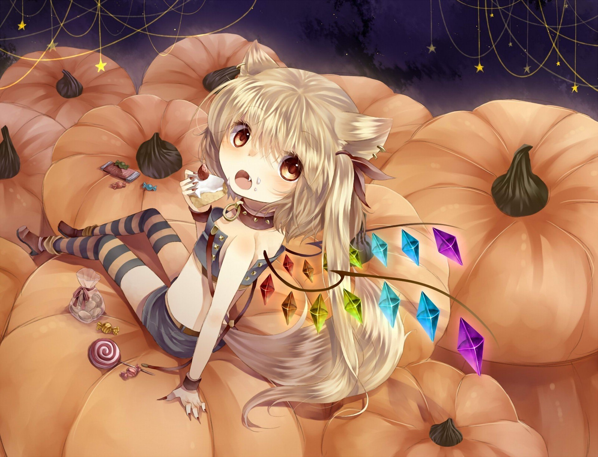 art tepes touhou flandre scarlet halloween pumpkin sweets candy piece cake ears tail kristelly wing