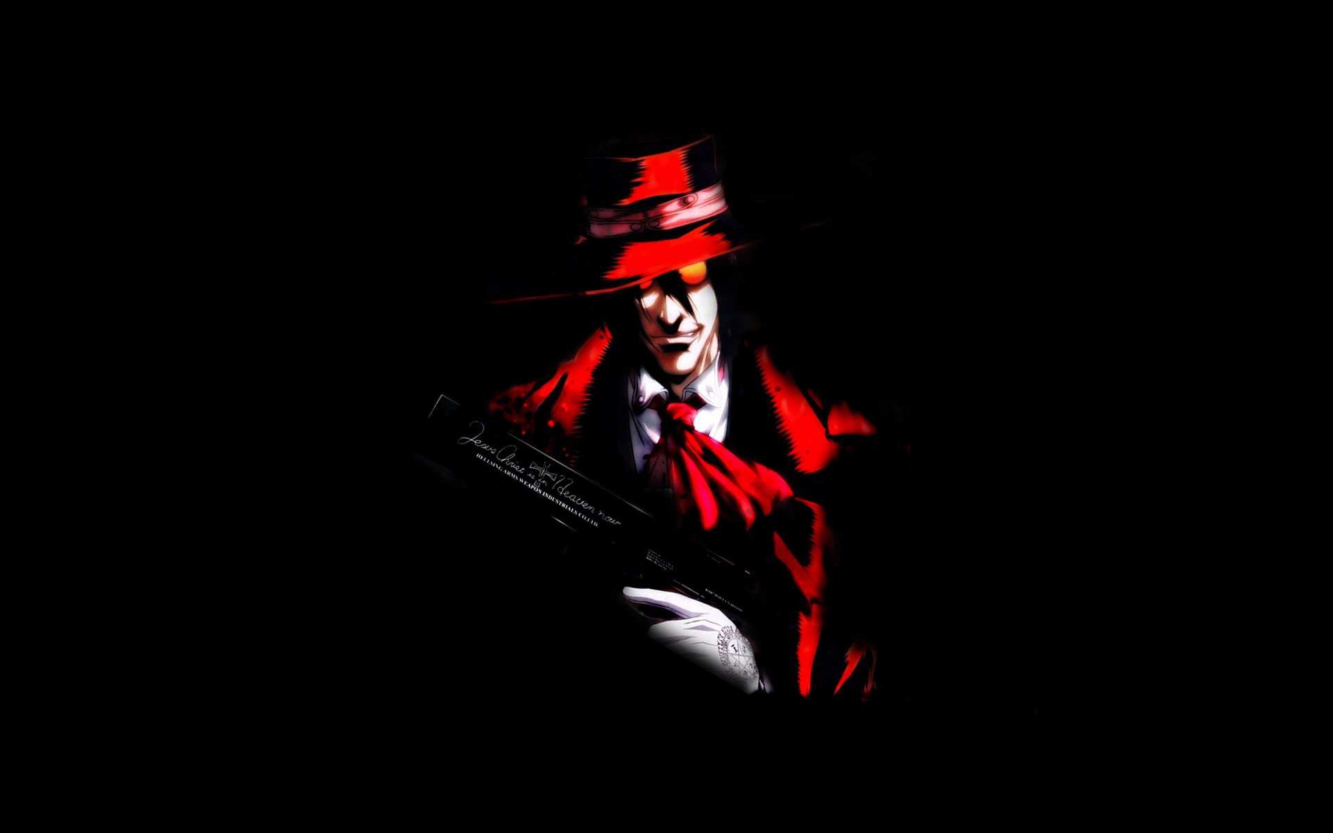 ragazzo alucard vampiro sorriso occhiali mantello cappello guanto arma nero sfondo hellsing