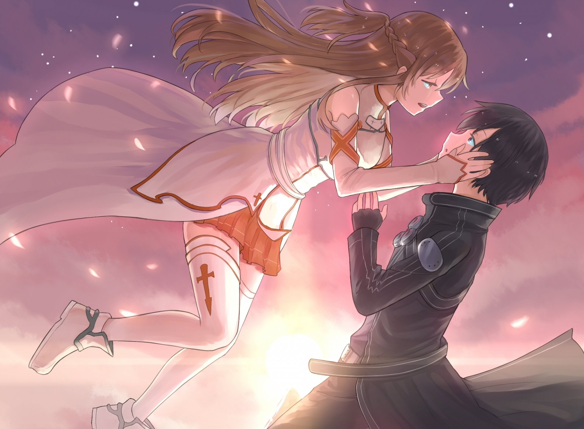 arte tony jaja anime espada de arte en línea yuki asuna kirito chica chico dos caída puesta de sol cielo nubes pétalos