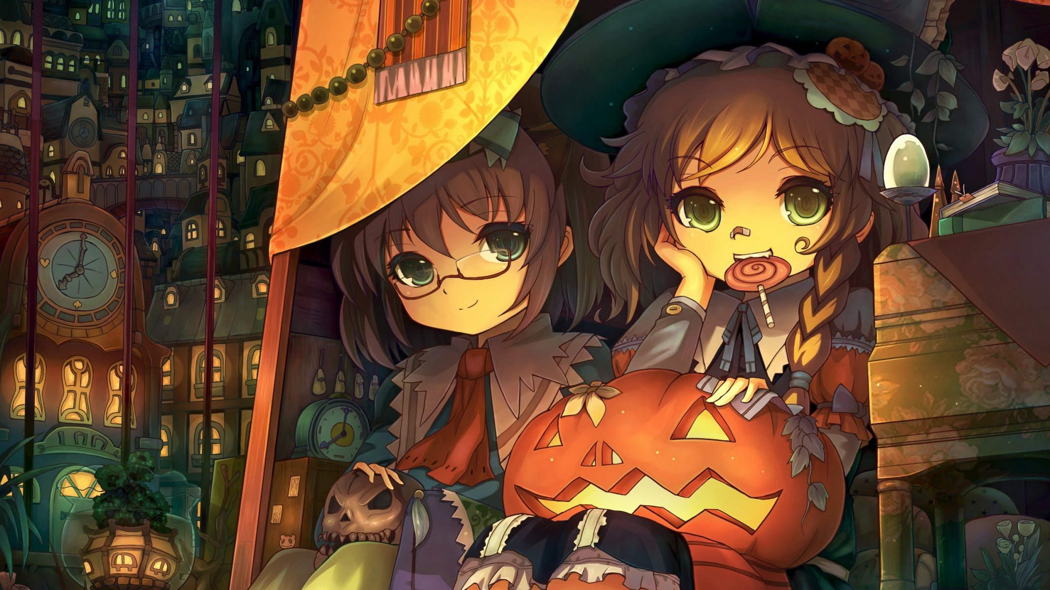 kunst touhou mädchen lutscher stadt schädel kürbis halloween brille hut