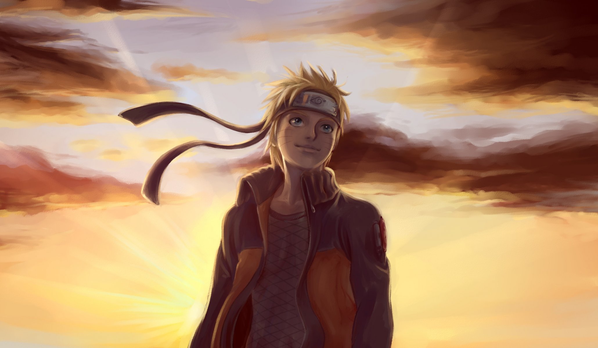 arte naruto chico puesta de sol nubes pañuelo