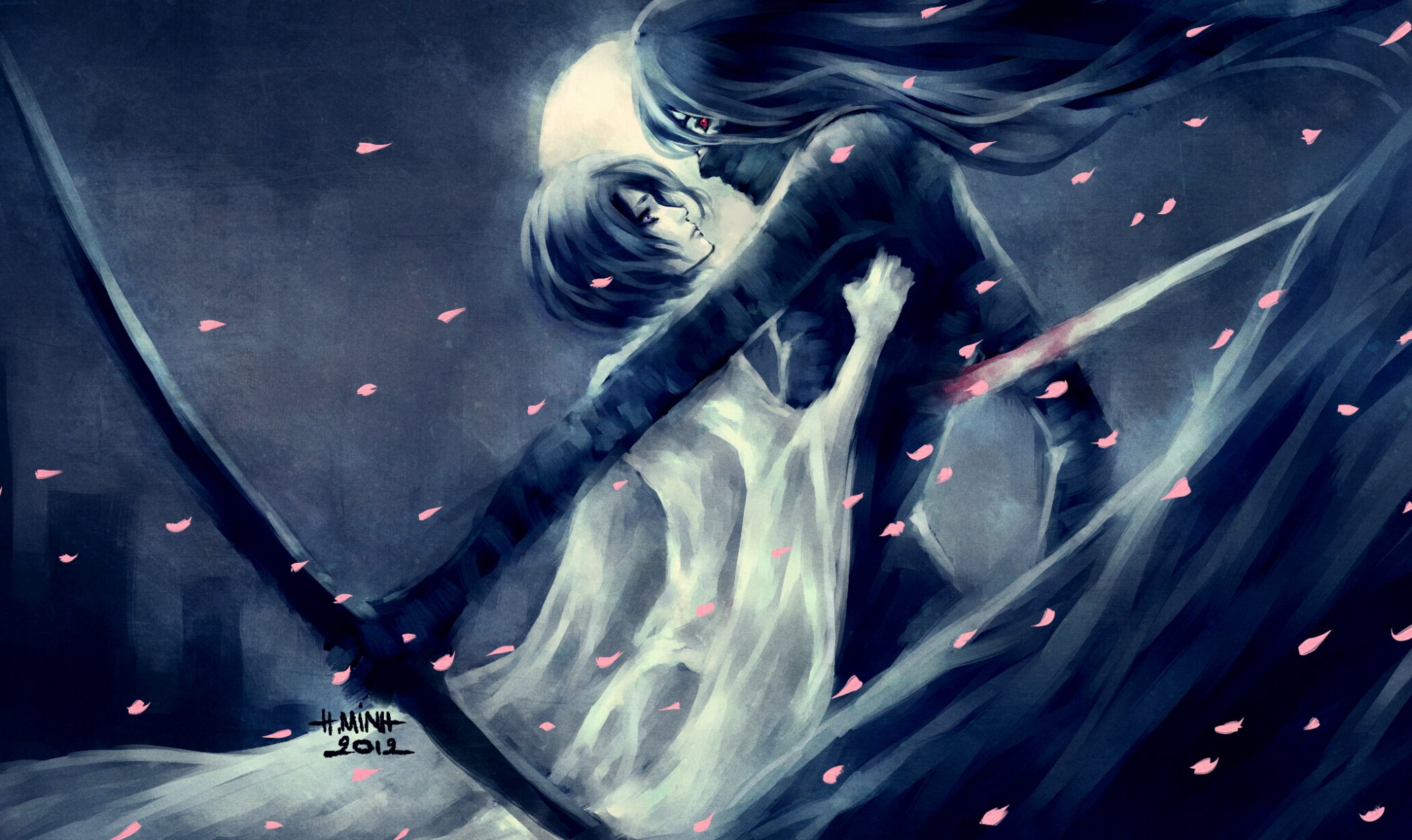 arte nanfe lejía ichigo kurosaki kuchiki rukia chica chico pétalos luna noche