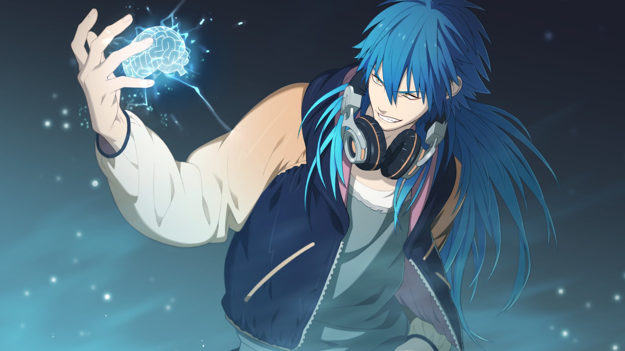 anime brain headphones guy dramatical murder blue hair