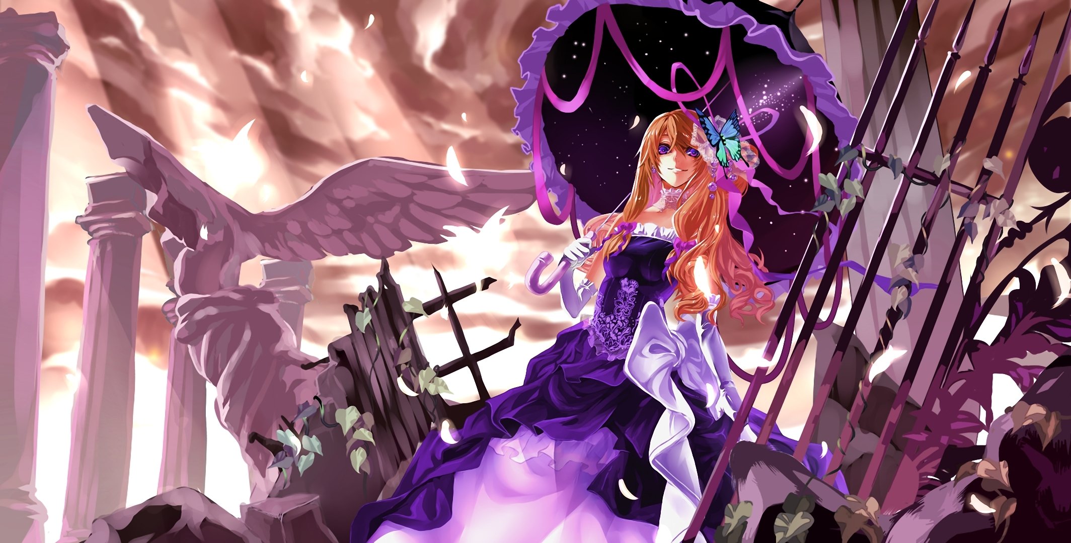 art karlwolf touhou yakumo yukari fille robe parapluie parapluie papillon colonnes ruines statue