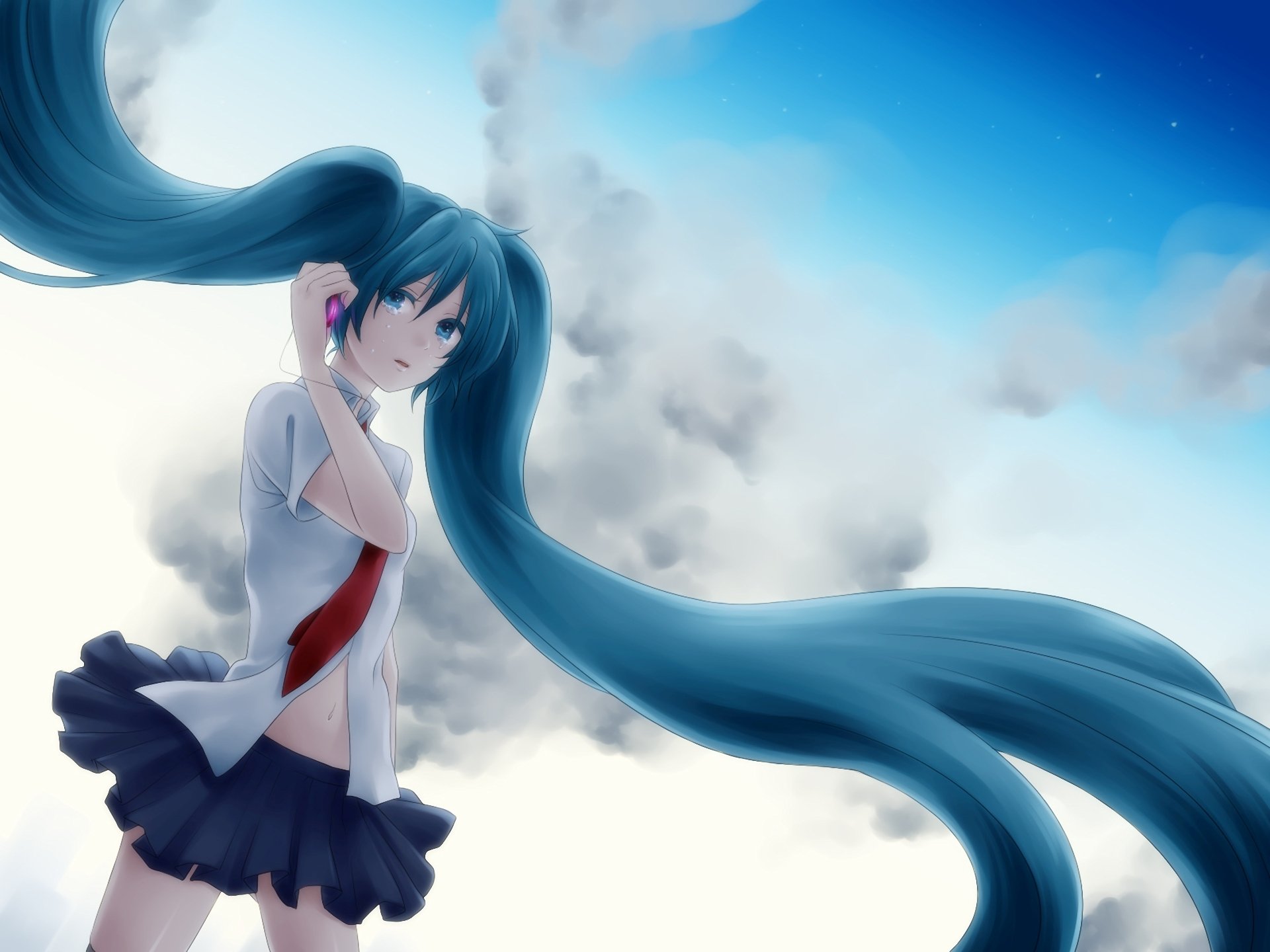 vocaloid vocaloid hatsune miku lágrimas nubes cielo colas de caballo teléfono móvil