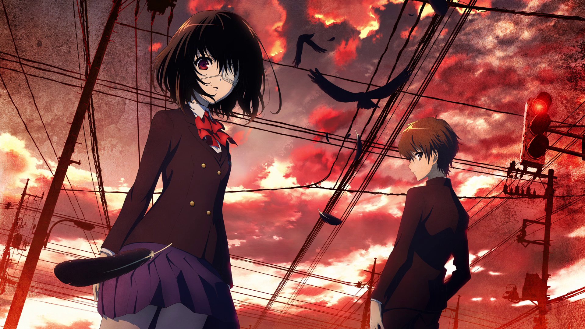 other anime girl closed eye other other boy mysticism red sky.crows tv series traffic light wires lines clouds feathers school uniform