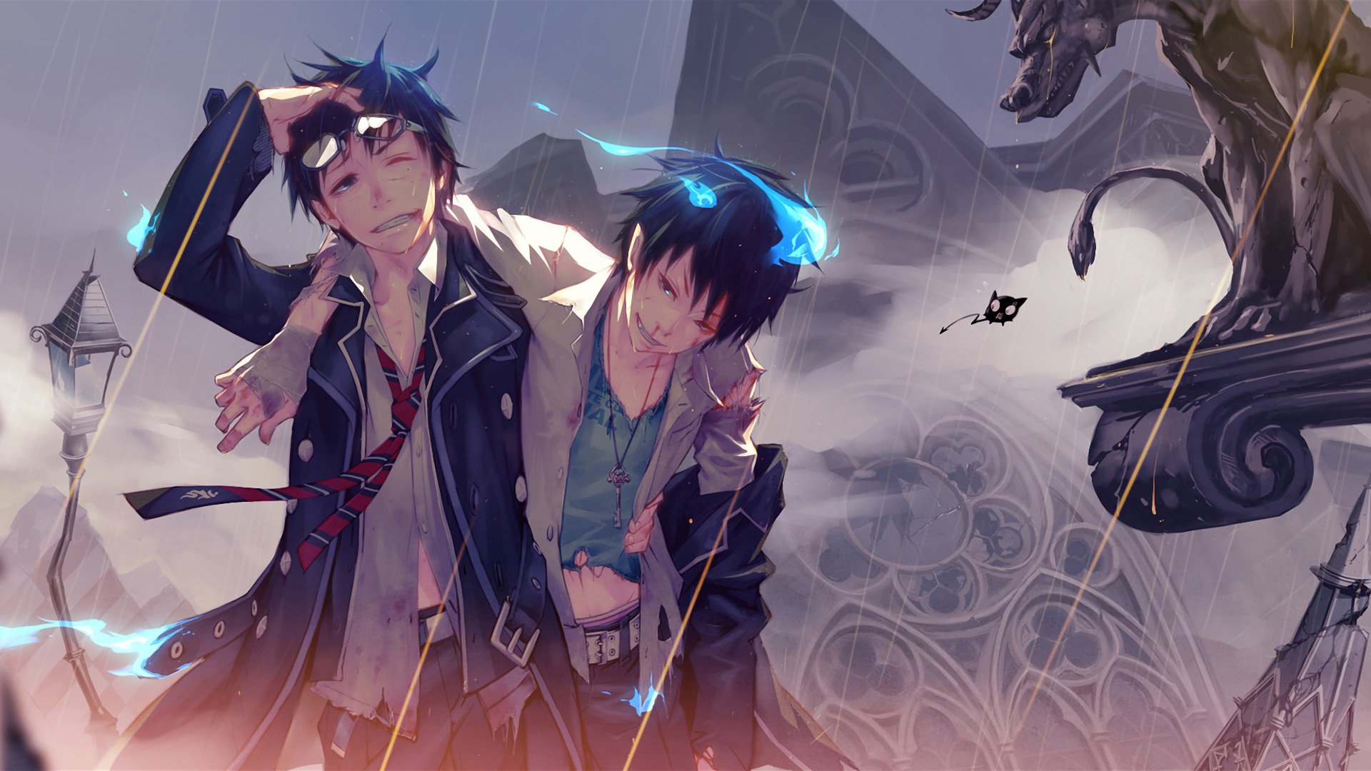 ao no exorcist blue exorcist okumura rin okumura yukio twins daemons blood bandages blue flame light statue gargoyle coal tar