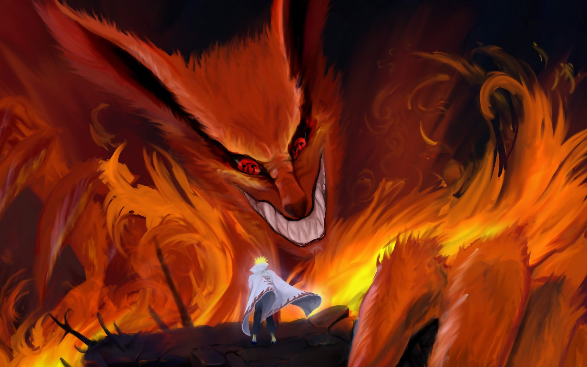 naruto kyuubi nine flame coat namikaze minato grin sharingan fox