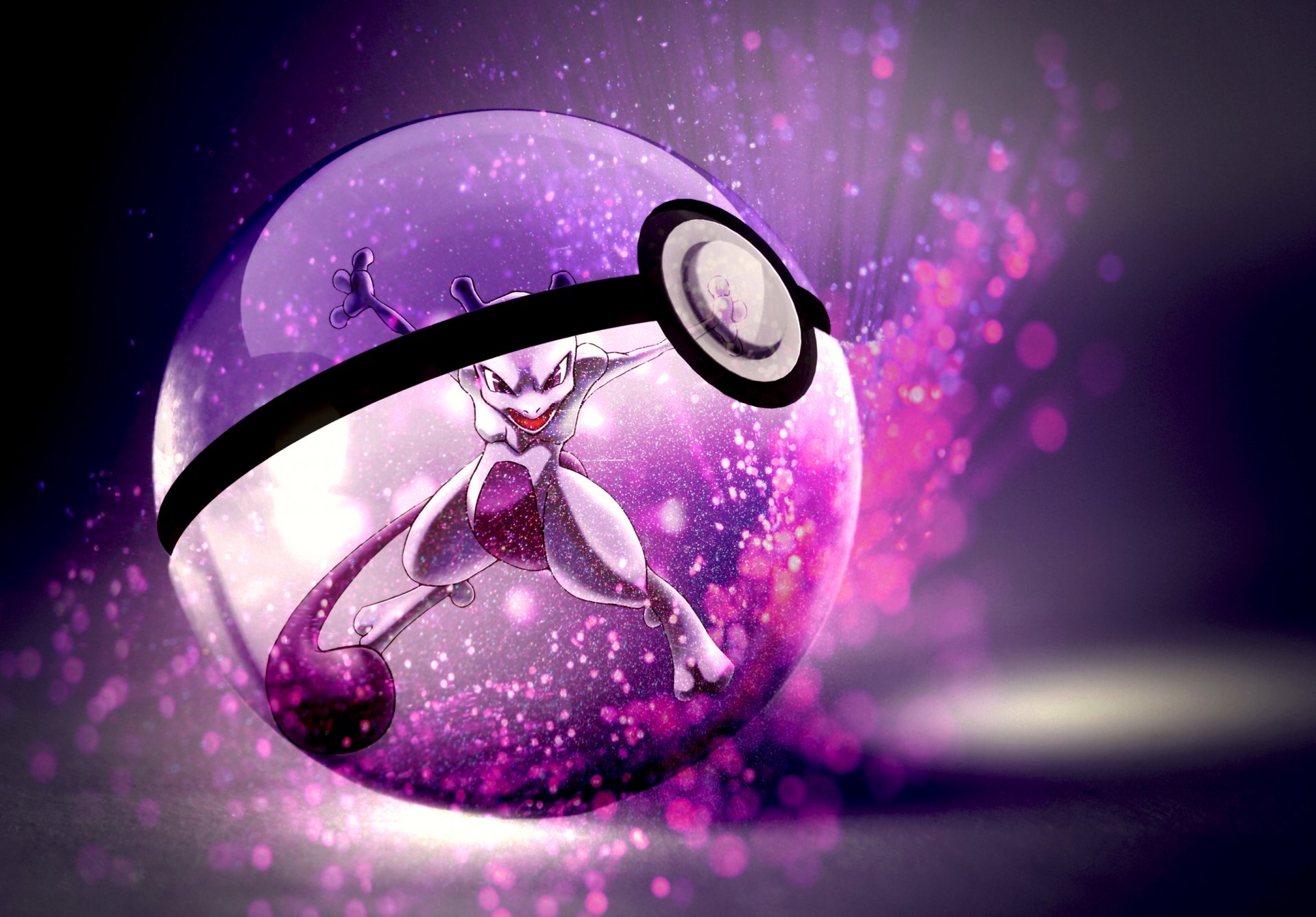 pokemon mewtwo yeux rouges bouche ouverte queue pokeball